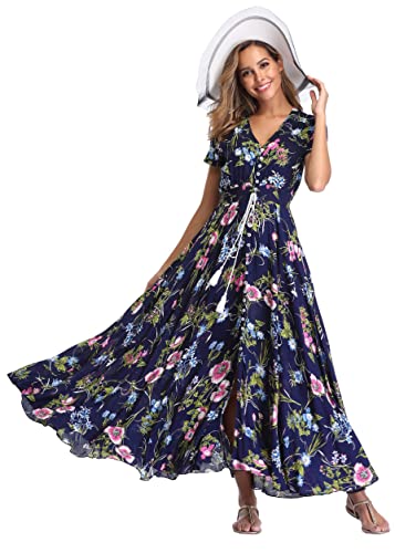 Image of Ferrendo Women's Floral Maxi Dress Button Up Split Flowy Bohemian Party Beach Dresses