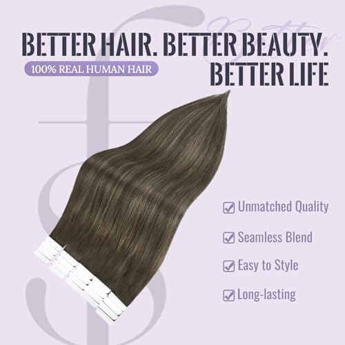 Fshine Extensões de cabelo humano com fita adesiva Balayage, marrom escuro a marrom castanho, fita i