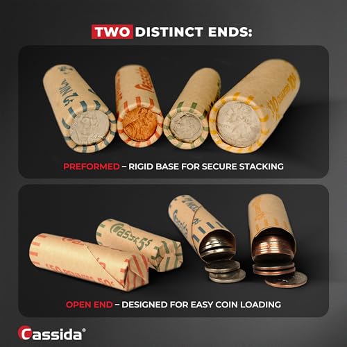 Image of Cassida Preformed Coin Roll Wrappers. 100 Assorted Pack (Penny, Nickel, Dime, Quarter) Durable Preformed Paper Tubes Crimped on One End - Federal Reserve and ABA Standards (A-CWAP)