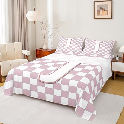 Image of Erosebridal Pink Initial J Sheet Set King Kawaii Plaid Checkered Bed Sheets Cute Personalized Monogram Bedding for Kids Girls Teen Women,Fashion Grids Gingham Bed Sheets Set 4 Piece