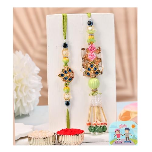 Image of CraftVatika Designer Rakhi Set for Brother Bhaiya Bhabhi | Peacock Rakhi for Bhaiya Bhabhi Raksha Bandhan Couple Set of 2 with Fridge Magnet Gift, Rakshabandhan Greeting Card, Tilak Set,Home decor
