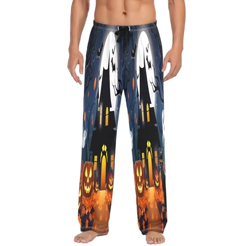 Qilmy Castles & Halloween Pumpkins Men's Cotton Pajama Pants, Lightweight Lounge Sleepwear with Drawstring and Pocket2