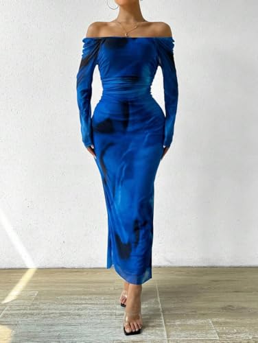 Image of LIGHT DOT Women's Printed Off Shoulder Maxi Dress Long Sleeve Bodycon Ruched Mesh Cocktail Dress