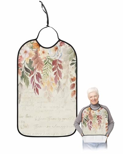 LEOKOTI Fall Botanical Adult Bibs for Eating, Waterproof Bibs with Food Catcher & Adjustable Snap Closure, Thanksgiving Maple Leaf Autumn Floral Washable Clothing Protectors Adult Bibs for Elderly