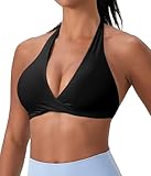 SPVISE Black Womens Halter Sports Bra Seamless Padded Yoga Bras Open Back Low Impact Workout Gym Bra Tops Cute