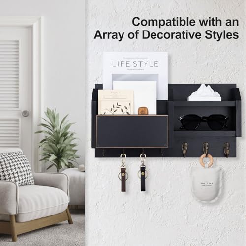 Mail-and-Key-Holder--Wall-Mount-Key-Hanger-with-Shelf-and-7-Metal-Hooks--Decorative-Natural-Paulownia-Wood-Entryway-Organizer-with-Mounting-Hardware-165W-x-87H-x-35D-Black