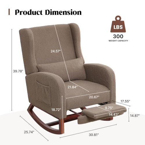 Image of HCHAIRH Rocking Chair with Foot Rest, Wingback Nursery Rocking Chairs, Teddy Nursing Glider Rocker Chairs with Pillow and High Back for Nursery, Living Room, Bedroom,Coffee