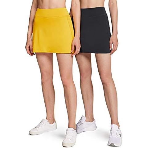 ATHLIO Women's Athletic Skorts Active Tennis Skirts, Workout Golf Skirt with Pockets Built-in Shorts, 2piece Skorts Dim Black/Yellow, X-Large Cover