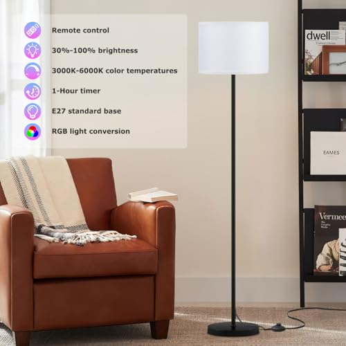 Image of Ambimall Floor Lamp for Living Room with Smart Light Bulb, RGB + Stepless Dimmable Colors Temperature & Brightness(White Shade & Black Pole)