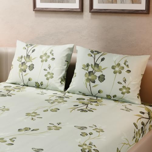 Image of BLISSHOME SoftTouch 140TC Cotton King Size Fitted Bedsheet with 2 Pillow Covers, Silky Smooth Bedding Set, Breathable, Easy Maintain, Floral Print - Green (182cm x 198cm x 25cm Drop)