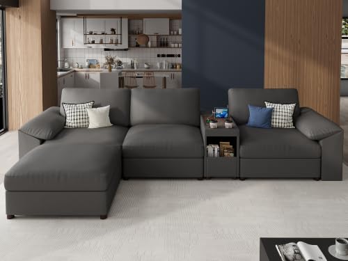Image of EASE MOOSE Leather Sectional Couch, Oversized Modular Sectional Sofas, Wide Deep Seat Modular Couch, Scratch Resistant Faux Leather Material, L Shaped Sofa for Big Spaces, Grey