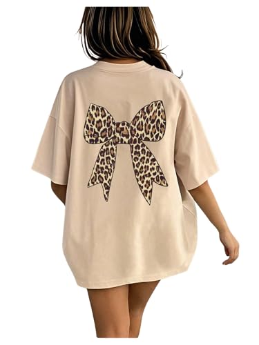 RoseSeek Overized Tshirts for Women Bow Leopard Graphic Tees Short Sleeve Aesthetic Baggy Summer Tops Beige L