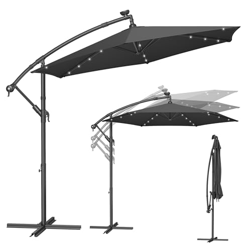 SONGMICS Sonnenschirm mit LED-Solar-Beleuchtung, Ampelschirm 300 cm d, 32...