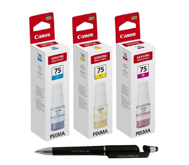 Canon Inc GI 75 C/Y/M Ink Bottle (Set Of 3) GI75 GI 75 Bundle With Itglobal 3 In 1 Multi-Function Creative Mobile Phone Stand, Stylus Pen, Ballpoint Pen (Very Colors), Multi-Color Pack