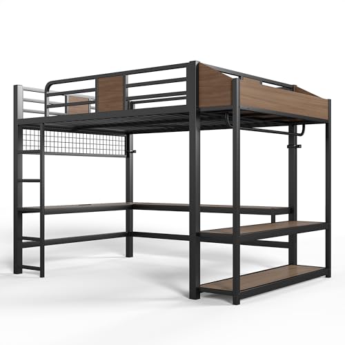 Image of Bellemave Queen Size Loft Bed with Desk and USB Ports, Clothes Hanging Rod, LED, Metal Full Loft Bed Frame for Adults, Kids, Teens, Black