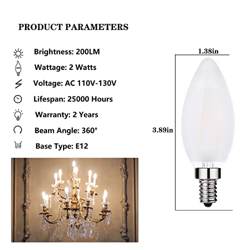 Shuwdkar Frosted Led Candelabra Bulbs E12 Led Bulbs 25Watt Equivalent, 2W Dimmable B11 Vintage Chandelier Light Bulbs Warm White 2700K Frosted Glass Decorative Candle Bulb, 12 Pack #TOP1