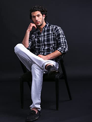 Image of THE BEAR HOUSE Men's Cotton Slim Flannel Button-Down Casual Shirt |Black |L |TBH-Tally-BK-L |