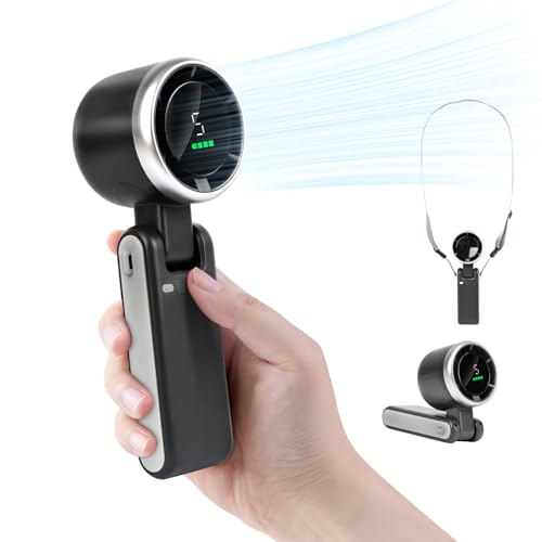 HONEYYEAR Portable Handheld Turbo Fan, 3600mAh Battery Operated with LED Display, Mini Portable, 180°Adjustable, 5 Speeds, Handheld/Neck/Desk 3 in 1 Personal Hand Fan black