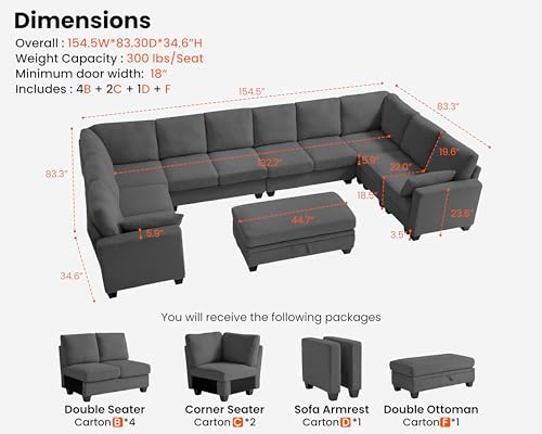 Image of CHIC HOUSE Modular Sectional Couch| Corduroy L Shaped Sleeper Sofa, U-Shape Sofa Bed Convertible Chaise with Storage Ottoman for Living Room Modern Furniture (Dark Grey, 12 Seater U-Shaped)