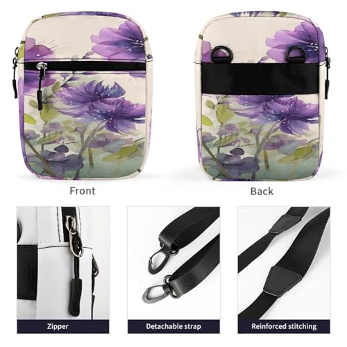 Small Satchel,Watercolor Style Purple Flowers Print Small Shoulder Bag,small Messenger Satchel Bags,mini Bag with Adjustable Strap3