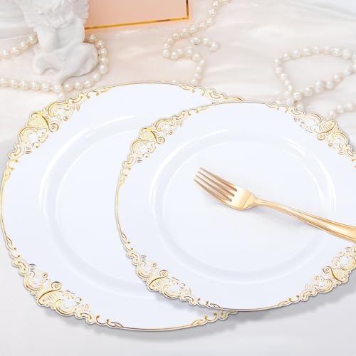 102 PCS Plastic Plates with Gold Rim, Heavy Duty Disposable Party Plates, Elegant Wedding Dinnerware Combo, 51 10.2" Dinner Plates and 51 7.5" Dessert Plates for Birthday, Holiday, Party - White by Vivaplex - Image 6