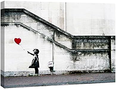 Wieco Art Black Framed Canvas Prints Wall Art of Banksy Grafitti Girl with Red Balloon Grey Love Pictures Paintings for Living Room Bedroom Home Decorations BANKSY-1-3040-BF
