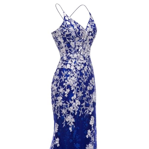 Image of Long Spaghetti Straps Tulle Mermiad Prom Dress V Neck Lace Appliques Formal Dress with Slit SF203