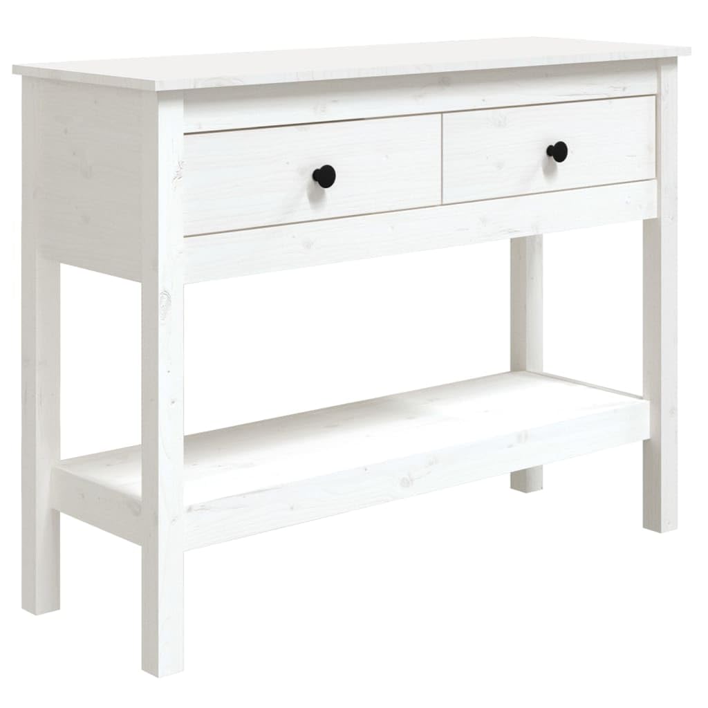 Stolik konsolowy biały, 100 x 35 x 75 cm, z litego drewna sosnowego, z 2 szufladami i półką, uniwersalny stół do przedpokoju do przedpokoju i salonu