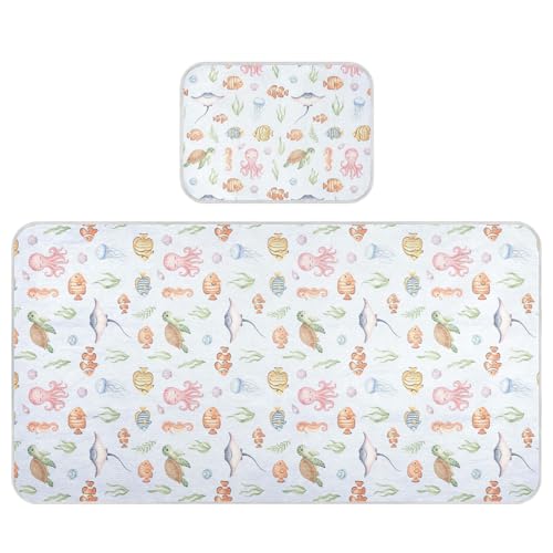 Msyxl Baby Cooling Mat Cartoon Sea Creatures Ice Silk Breathable Mesh Summer Crib Mattress Pad with Pillowcase, Soft Cooling Sleeping Surface for Infant & Toddler, 52"x28"