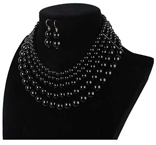 Shineland Elegant 5 Layer Strand Faux Pearl Cluster Collar Bib Choker Necklace And Earrings Suit (Black) #TOP1