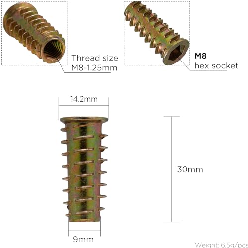 YoiYee M8 x 30mm Wood Insert Hex Socket Nuts - Threaded Flanged Hex Socket Nut Insert for Wood Furniture DIY Projects - 18 Pack - Image 2