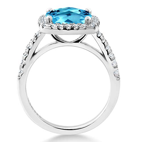 Gem Stone King 925 Sterling Silver Swiss Blue Topaz And White Created Sapphire Engagement Ring For Women (2.80 Cttw, Cushion Cut 8Mm, Available In Size 5, 6, 7, 8, 9) #TOP18