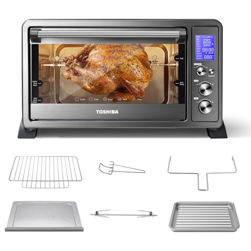 Image of TOSHIBA 10-in-1 Convection Toaster Oven, 6-Slice Countertop Oven, 1500W with Toast, Bake, Broil, Rotisserie & Pizza Functions, LCD Knob Controls, 6 Accessories, Black Stainless Steel