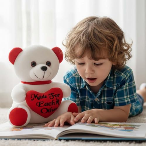 Image of ALVERO Cute Teddy Bear with Heart Cushion, Soft Plush Embroidered Heart Stuffed Toy, Gift for Girlfriend, Wife, Valentine, Anniversary & Birthday 13 x 11 x 20cm (Red & White)