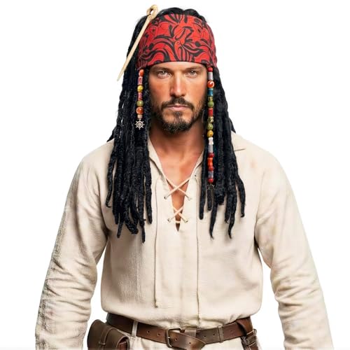 AQEWK Pirate Captain Dreadlock Wig Set - Pirate Accessories with Bandana and Braid Beads Halloween Cosplay Accessories