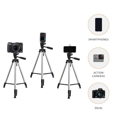 Image of Amazon Basics Aluminium Professional Sturdy Tripod with Mobile Phone Holder Mount, 3-Way Head, Accessory Hook, and Carry Bag for All Smart Phones, GoPro, Cameras (35-125 cm)