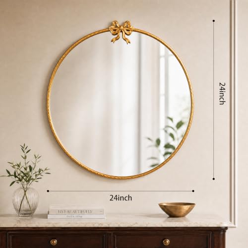 Image of 24 Inch Gold Circle Mirror, Bow Round Wall Mirror Vintage Gold Decor