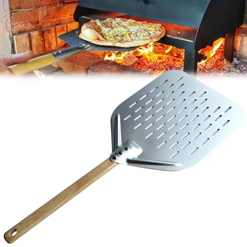 Asfrode Pala de pizza perforada de 12 pulgadas, 40 x 30 x 2 cm, pala para pizza de aluminio anodizado duro, perforada, con mango antiescaldaduras, para hacer pizza, pan, pasteles caseros