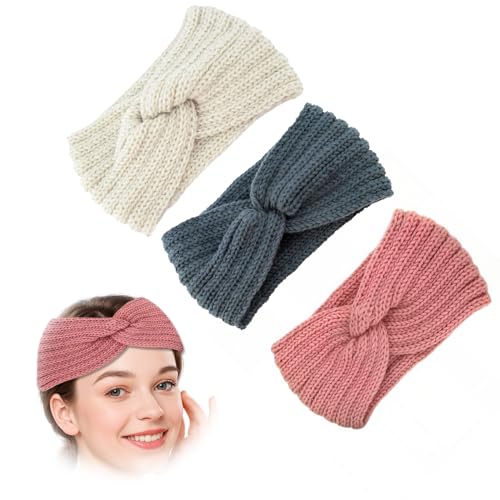 3 diademas para mujer de punto de invierno, diadema para niños y niñas, otoño e invierno, sencillas, versátiles, diademas de punto, calentadores de orejas, elásticos, beige + gris + rosa