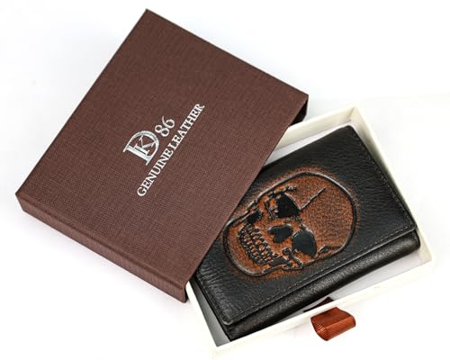 Image of DK86 Skull Trifold Wallets for Men Full Grain Leather with Hand Burnished Tri-Fold Wallet RFID Blocking (Black and Brown: Style A)