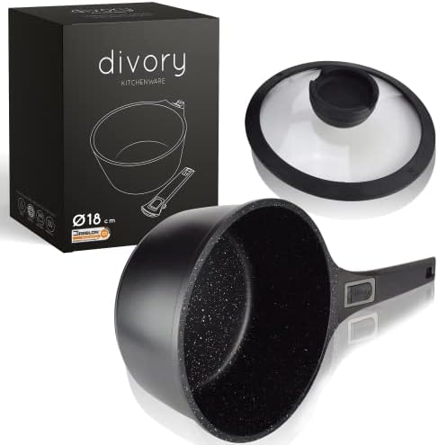 DIVORY Zapiekanka 18cm - rondel 2L z pokrywką - mały garnek do mleka z powłoką, zdejmowany uchwyt, indukcja, możliwość mycia w zmywarce i piekarniku
