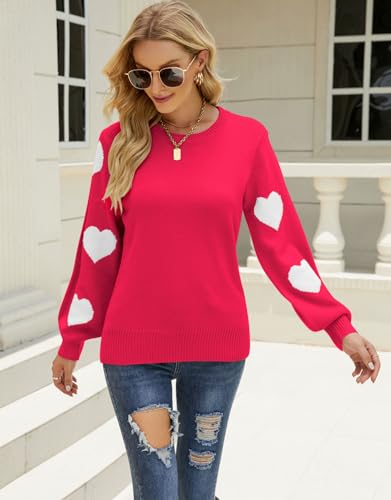 Image of Alsol Lamesa Women's Fall Pullover Sweaters Cute Hearts Long Sleeve Crewneck Casual Knitted Sweaters, X-Large, 238 Bright Pink
