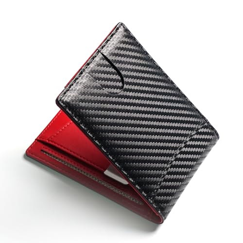 Image of Slim Bifold Wallet for man with Money Clip - RFID Blocking, Multiple Credit Card Pockets - Sleek and Versatile Design - Genuine Leather - Ideal for Cash and Cards (Carbon Fiber Black - Red)