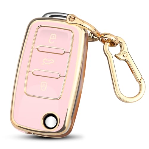 FT FUNTOR for VW Key Fob Cover TPU Key Fob Case Shell Protector keychain for Beetle Golf Passat GTI Jetta Tiguan accessories (Gold Edge Pink)