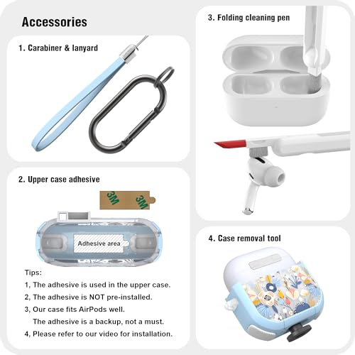 Image of WENEW Case for AirPods 4th Case Cover Secure Lock Automatic Snap Switch Clip Cleaner Kit Lanyard Women Stylish Flower Armour Hard Shell Full Body Front LED Visible (Blue, AirPods 4)