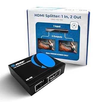 OREI HDMI Splitter 1 in 2 Out - 1x2 HDMI Splitter For TV Mirror Only - Not for Multi Monitors and HDCP Bypass, 1080P @ 60Hz &amp; 4K @ 30Hz Resolutions – Powered HDMI splitter (HD-102)