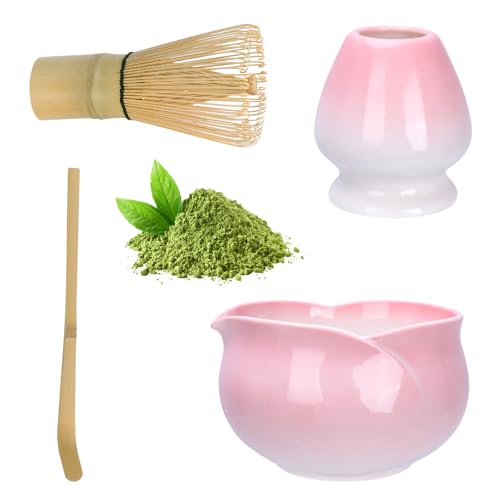 Matcha Set, Matcha-Set Rosa, Blütenblattform Matcha-Schüssel mit Ausgießer, Matcha-Rührer und Ständer, Matcha-Löffel… – Ansicht 1