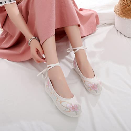 1 Pair Women Hanfu Shoes Chinese Embroidered Flower Flat Retro Ethnic Slope- Heel Shoes Vintage Floral Silk2