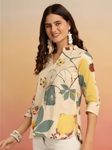 Image of Women's Cotton Printed Short Kurti, Round Neck, Three Quarter Sleeve, Straight Fit, Pack of 2