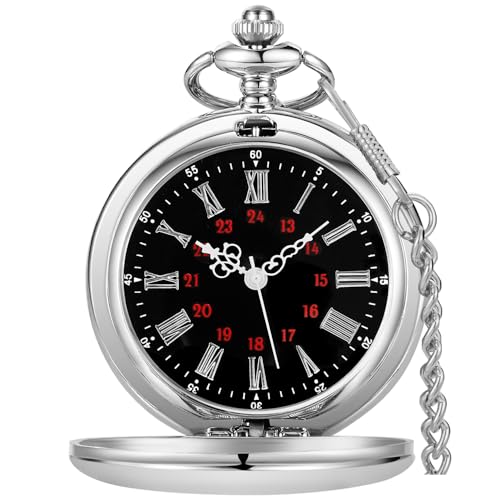 Tiong Smooth Vintage Pocket Watch with Chain Roman Numerals Scale(Silver Black)